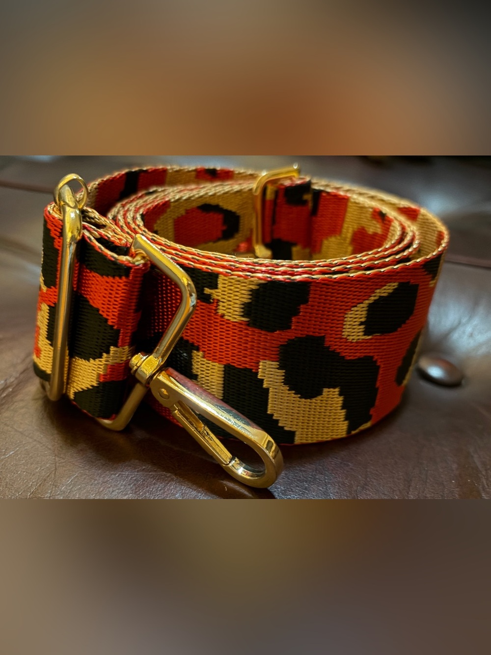 Unisex Adjustable Red & Tan Leopard Webbing Strap with Gold Hardware